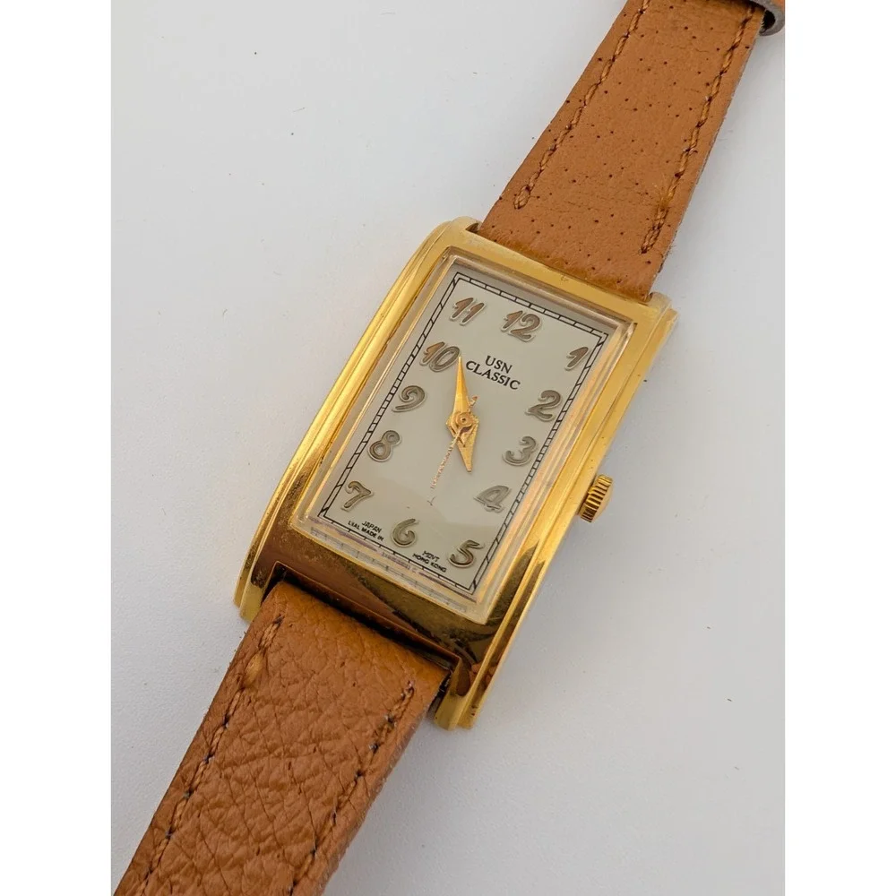 Vintage USN Classic Tank Watch Women 20mm Gold Case Leather Band- New‎ Battery